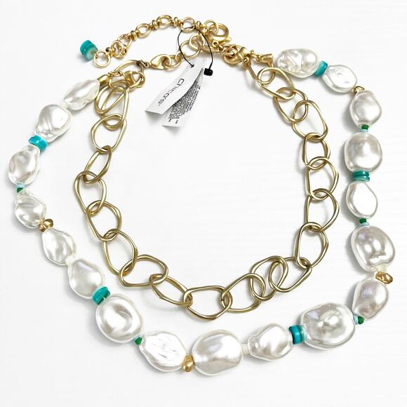 NEW Chico's Pearlescent Goldtone Collar Necklace - Picture 2 of 7